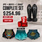 Fairtex Training Bundle Shin Guards SP5, Universal Gloves BGV14 and Muay Thai Shorts