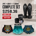 Fairtex Training Bundle Shin Guards SP5, Universal Gloves BGV1 and Muay Thai Shorts